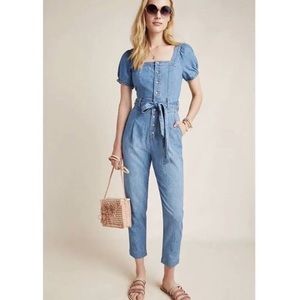 Anthropologie Pilcro Denim Puff Sleeve Square Neck Belted Aimee Jumpsuit
